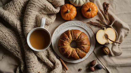 Cozy autumn scene with pumpkin bread, tea, and gourds. Seasonal, homely. Simple food and drink enjoyment.