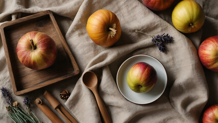 Rustic autumnal arrangement of apples, pumpkin, and lavender sprigs on a linen tablecloth.