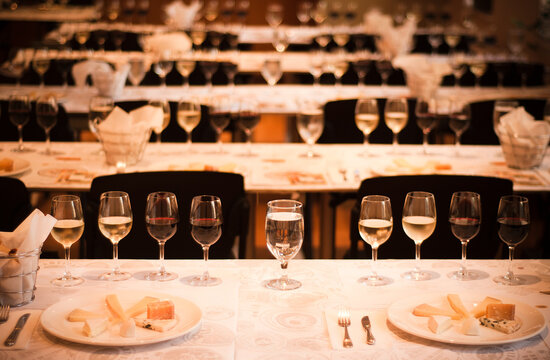 Many Tables Set for Wine and Cheese Tasting