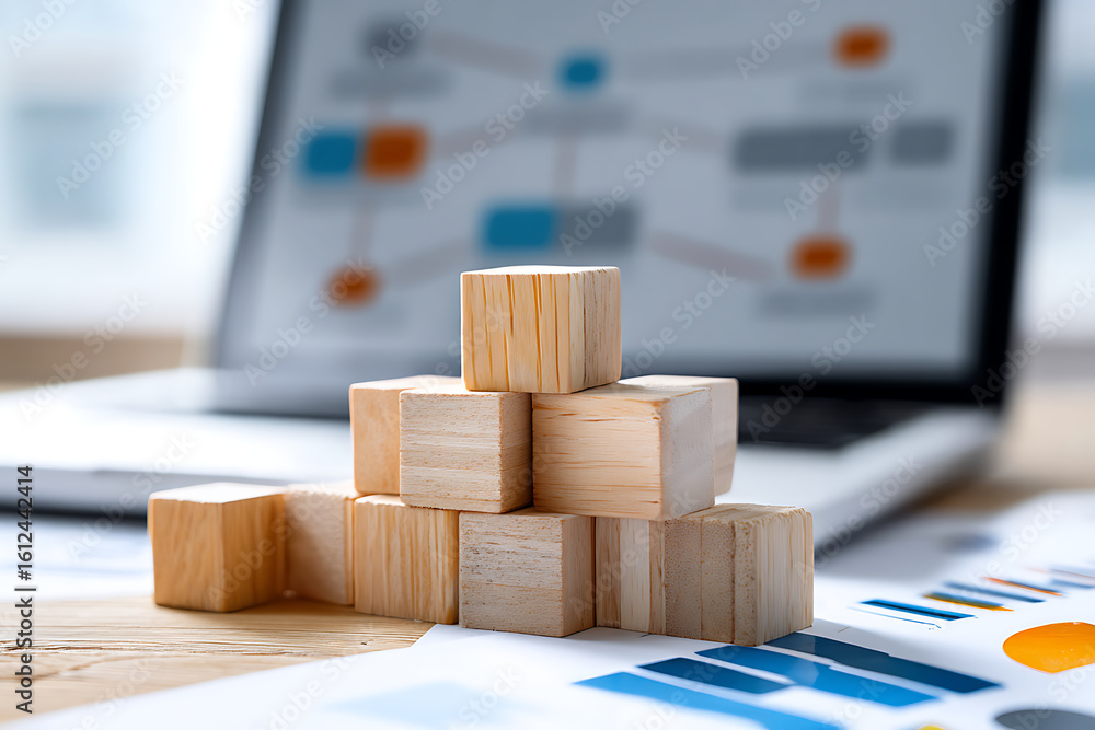 Poster wooden blocks stacked on a table with a laptop and documents in the background during a work session