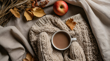 Cozy autumn scene: Warm beverage, knitted sweater, apple and fall foliage on a soft, neutral surface.