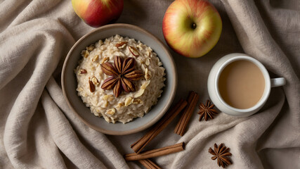 Cozy breakfast scene: Oatmeal bowl with apples, cinnamon, and a warm beverage on a textured beige cloth.