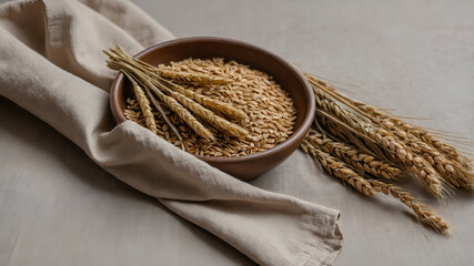 Rustic bowl filled with golden grain and wheat stalks on neutral fabric, evoking natural abundance.