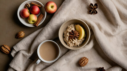 Cozy breakfast scene with oatmeal, apples, cinnamon, nuts, and a warm beverage on a draped fabric.