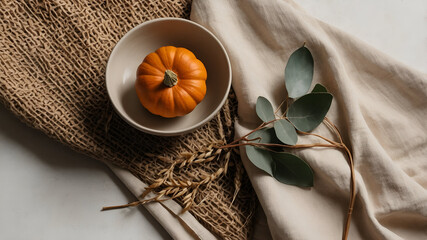 A small pumpkin sits in a bowl, surrounded by natural textures and soft light for a cozy feel.