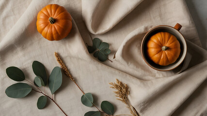 Autumn still life with pumpkins, eucalyptus leaves, and wheat on a neutral draped fabric.