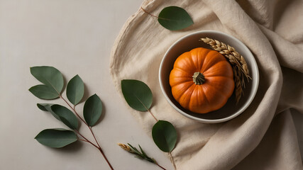 Autumn centerpiece with a vibrant pumpkin, wheat stalks, and eucalyptus leaves on a neutral background.