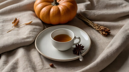 Autumnal still life with pumpkin, tea, and spices for a warm and cozy seasonal atmosphere.