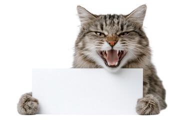 Angry tabby cat holding blank white sign with open mouth and bared teeth isolated on a transparent background