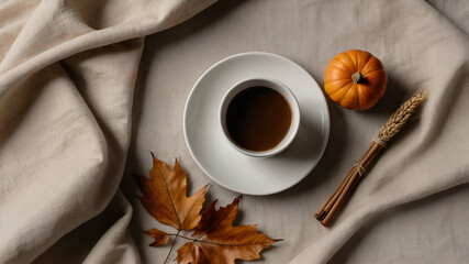 Autumn coffee break with natural elements: leaf, pumpkin, wheat, and a calming beige backdrop.