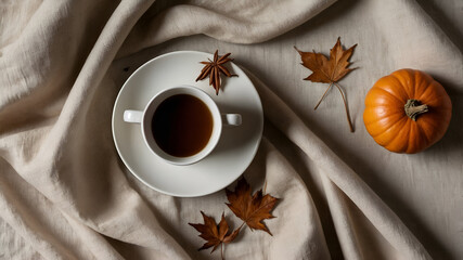 Autumn warm drink and pumpkin surrounded by fall leaves and spices on beige background, flat lay.