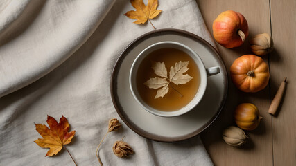 Autumn tea with pumpkins: a cozy autumn scene featuring seasonal beverage and small pumpkins on a linen cloth