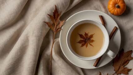 Autumnal Still Life: A cup of warm spiced drink, cinnamon sticks, and a pumpkin set on a linen cloth.