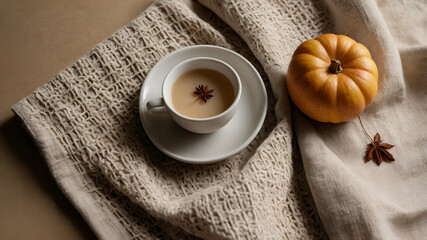 Fall beverage: Cup of spice-infused drink next to small pumpkin on textured cloth for a cozy autumn scene.