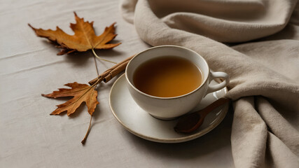 Cozy autumn beverage with fallen leaves and cinnamon sticks, creating a warm, comforting seasonal moment.