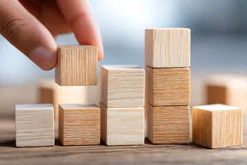 Building Structures With Wooden Blocks in a Creative Workspace During Daylight Hours for Educational and Entertainment Purposes