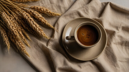 Aromatic coffee cup presented with wheat stalks, set on natural linen, conveying warmth and rustic charm.