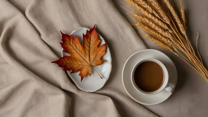 Fall morning scene: Coffee, autumn leaf, and wheat against a soft beige fabric. Cozy and inviting.