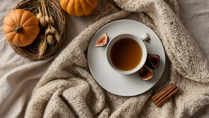 Cozy autumn scene: Tea, pumpkins, and a soft knit blanket create a warm and inviting atmosphere.