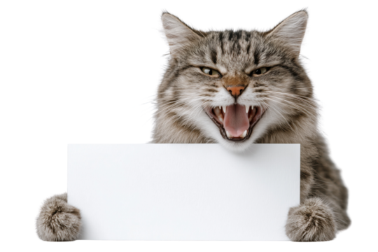 Angry tabby cat holding blank white sign with open mouth and bared teeth isolated on a transparent background