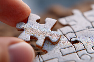 Close-up View of Hand Placing Puzzle Piece Into Empty Space on a Tabletop During a Calm Afternoon