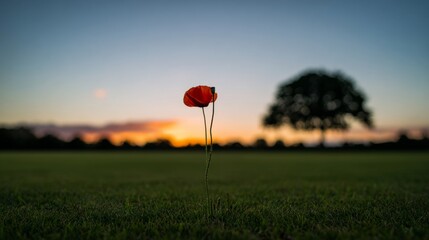 Lone red poppy in a sunset-lit field, evoking beauty and fleeting moments.
