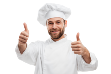 Bearded man in chef uniform giving two thumbs up isolated on a transparent background male cook