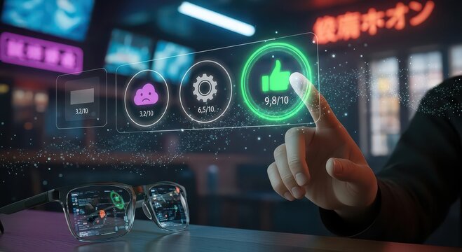 Hand touching thumbs up icon on futuristic interface with glasses and neon sign in background