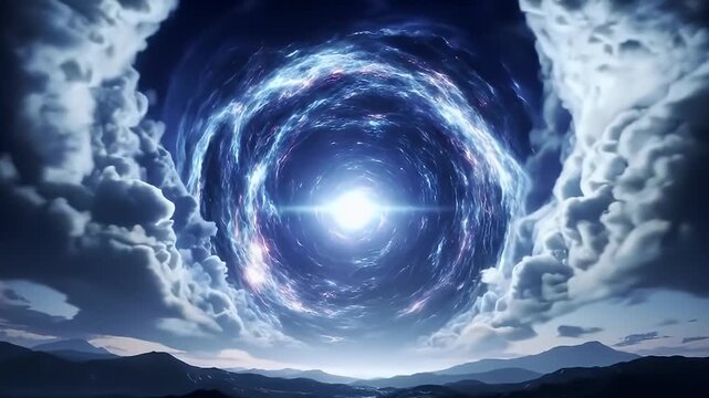 Hell Gate Opening in Swirling Vortex Portal through Clouds to Another Realm