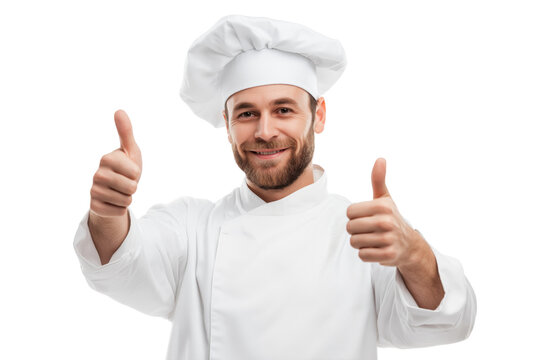 Bearded man in chef uniform giving two thumbs up isolated on a transparent background male cook