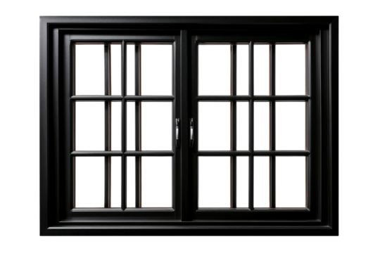 Black casement window with multiple panes and silver handle isolated on a transparent background grid