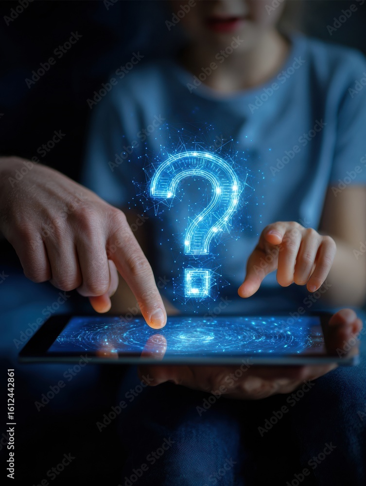 Poster virtual ai assistant interacts with child using digital tablet to answer questions in a modern, tech