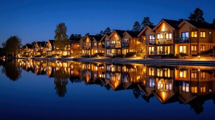 Naklejka premium Cozy cabins by a lake at twilight