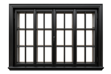 Black multi-pane casement window with ornate frame isolated on a transparent background glass