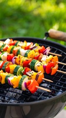Colorful vegetable skewers grilling outdoors