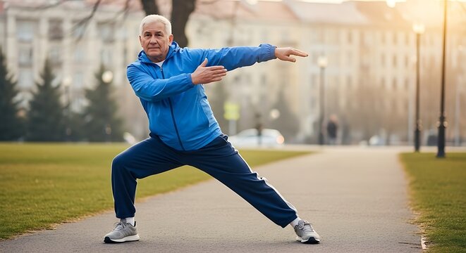  Elderly man stretching before walking at a public park - Powered by Adobe