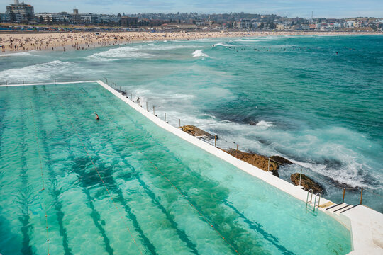 Public pool at Bondi Beach. It is a popular beach located 7 km east of the Sydney central business district. It is one of the most visited tourist sites in Australia. Dec 2019