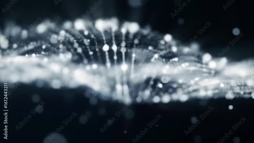 Poster an abstract wave of luminous particles and bokeh lights flows through a dark, futuristic digital env