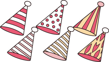 Obraz premium Festive Birthday Party Hats Illustration with Stripes Dots and Abstract Shapes for Celebrations and Special Events Graphic Resource