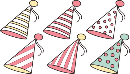 Fototapeta premium Colorful Cartoon Party Hats Background for Birthday Celebrations and Festive Occasions Featuring Stripes and Polka Dots