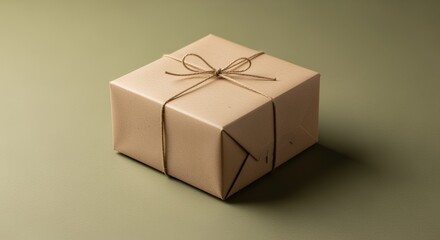 Obraz premium A simply wrapped gift box sits on a muted green , tied with twine, ready for giving.