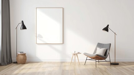 Blank poster mock up with black frame on the wall in living room interior 