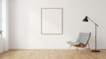 Blank poster mock up with black frame on the wall in living room interior 