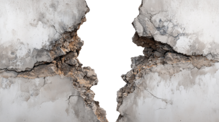 Cracked concrete wall with rough texture and exposed aggregate isolated on a transparent background broken