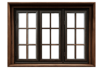 Fototapeta premium Dark brown wooden casement window with multiple panes isolated on a transparent background image