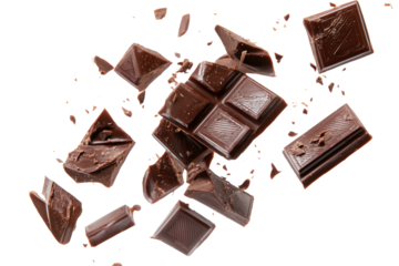 Dark chocolate bar pieces and crumbs exploding in motion isolated on a transparent background cocoa sweet