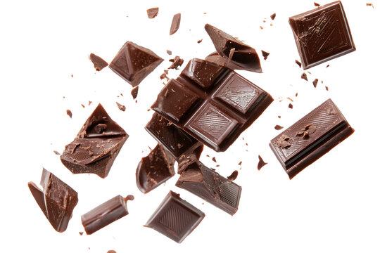 Dark chocolate bar pieces and crumbs exploding in motion isolated on a transparent background cocoa sweet