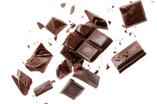 Dark chocolate bar pieces and crumbs exploding in motion isolated on a transparent background cocoa sweet
