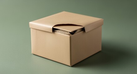 A light beige square gift box sits on a muted green , its lid slightly ajar to reveal a hint of the contents within.