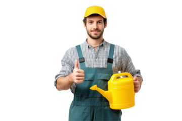 Gardener in overalls and yellow cap holding a yellow watering can giving thumbs up isolated on a transparent background